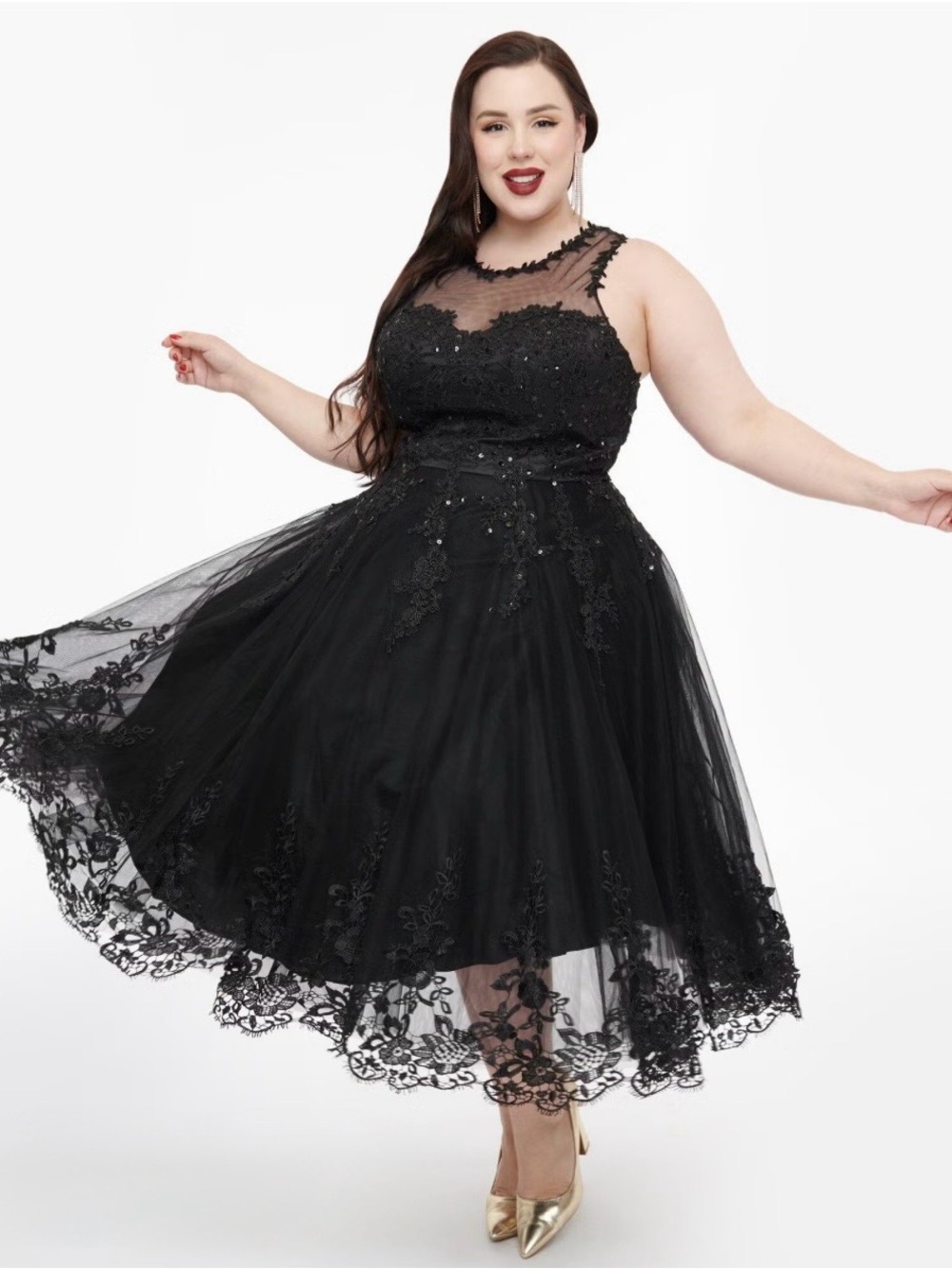 Unique Vintage Plus Size 1950s Black Lace & Tulle Riviera Dress